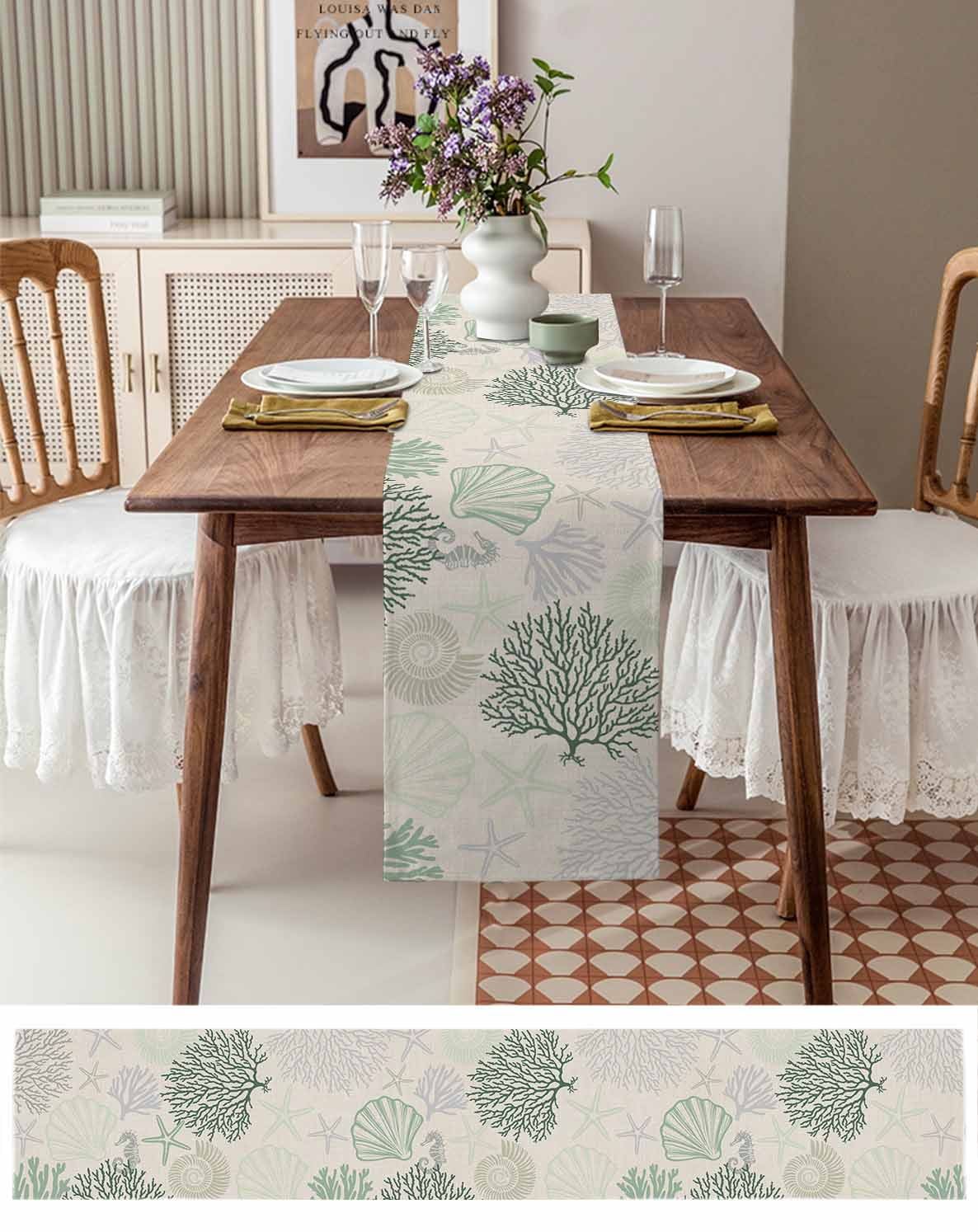 Sage Green Ocean Table Runner 108 Inches, Coastal Grey Coral Starfish Shell Bed Runner Dresser Scarves Tabletop for Indoor Outdoor Parties/Ceremony/Banquet, 13"x 108"