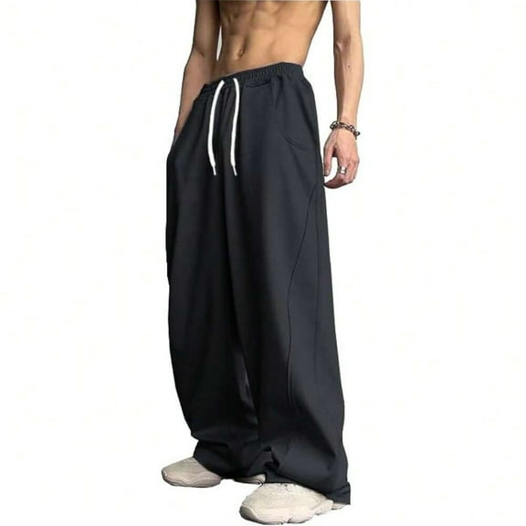 dGslk Mens Loose Fit Wide Leg Drawstring Waist Casual Baggy Pants Comfortable Lightweight Trousers for Everyday Wear Black L