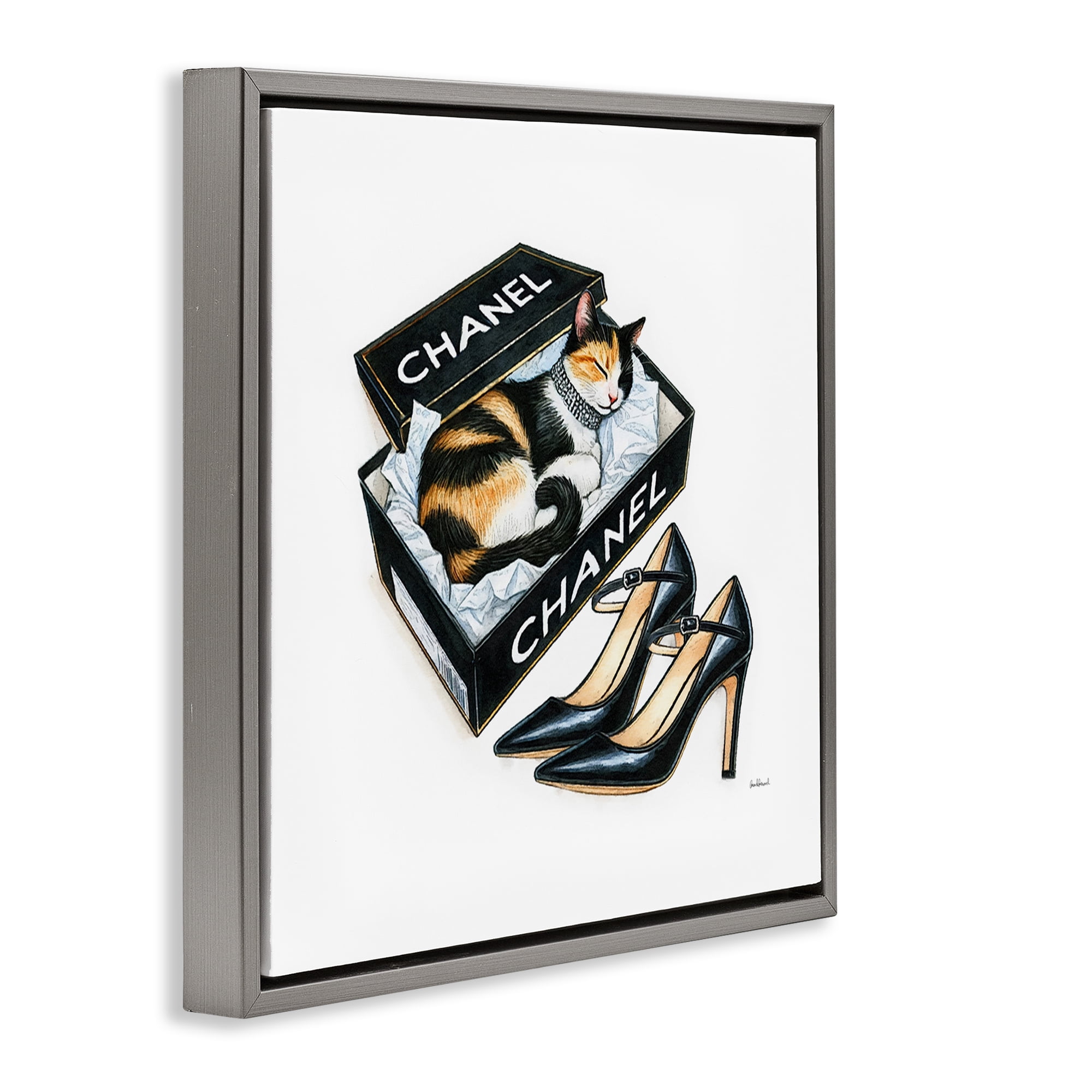 Stupell Industries Cat Sleeping Heels Box Animals Painting Gray Floater Framed Canvas Art Print Wall Art, 18 x 18