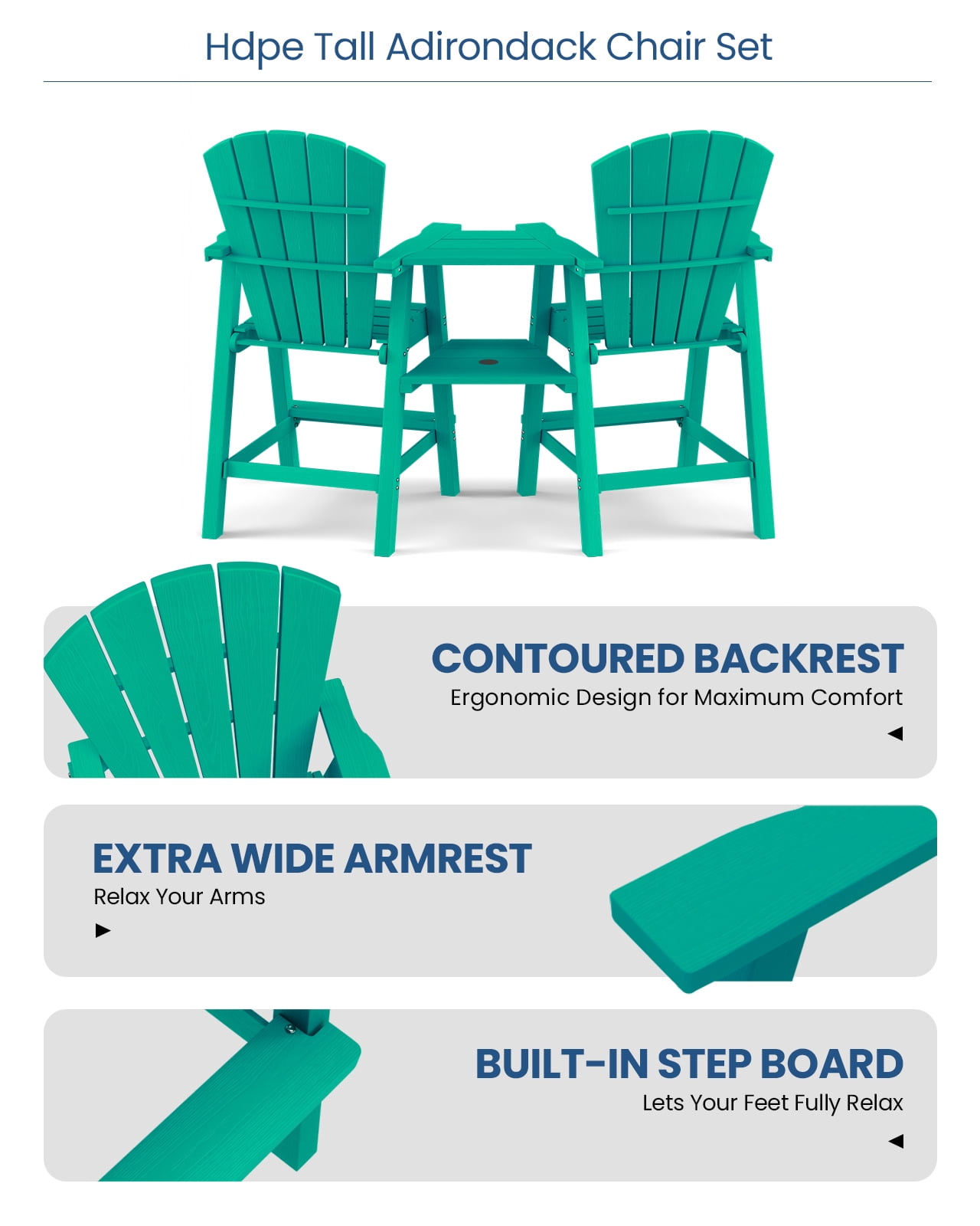 CIOKEA Tall Adirondack Chair Set of 4, All Weather HDPE Patio Chairs with Double Removable Connecting Trays for Balcony, Deck, Backyard, Patio, Garden, Baby Blue