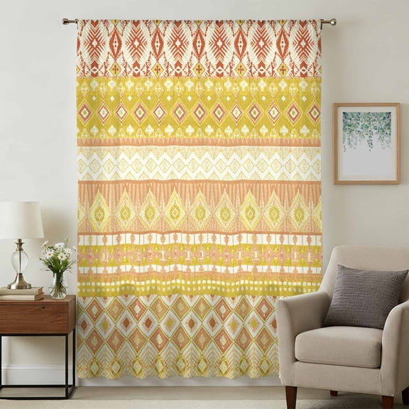 Yellow Khaki Boho Sheer Curtains 63 Inches Long, Vintage Ethnic Tribe Abstract Art Light Filering Curtains, Breathable Simi Curtain Privacy Drapes for Living Room Bedroom Lightweight Window Treatment