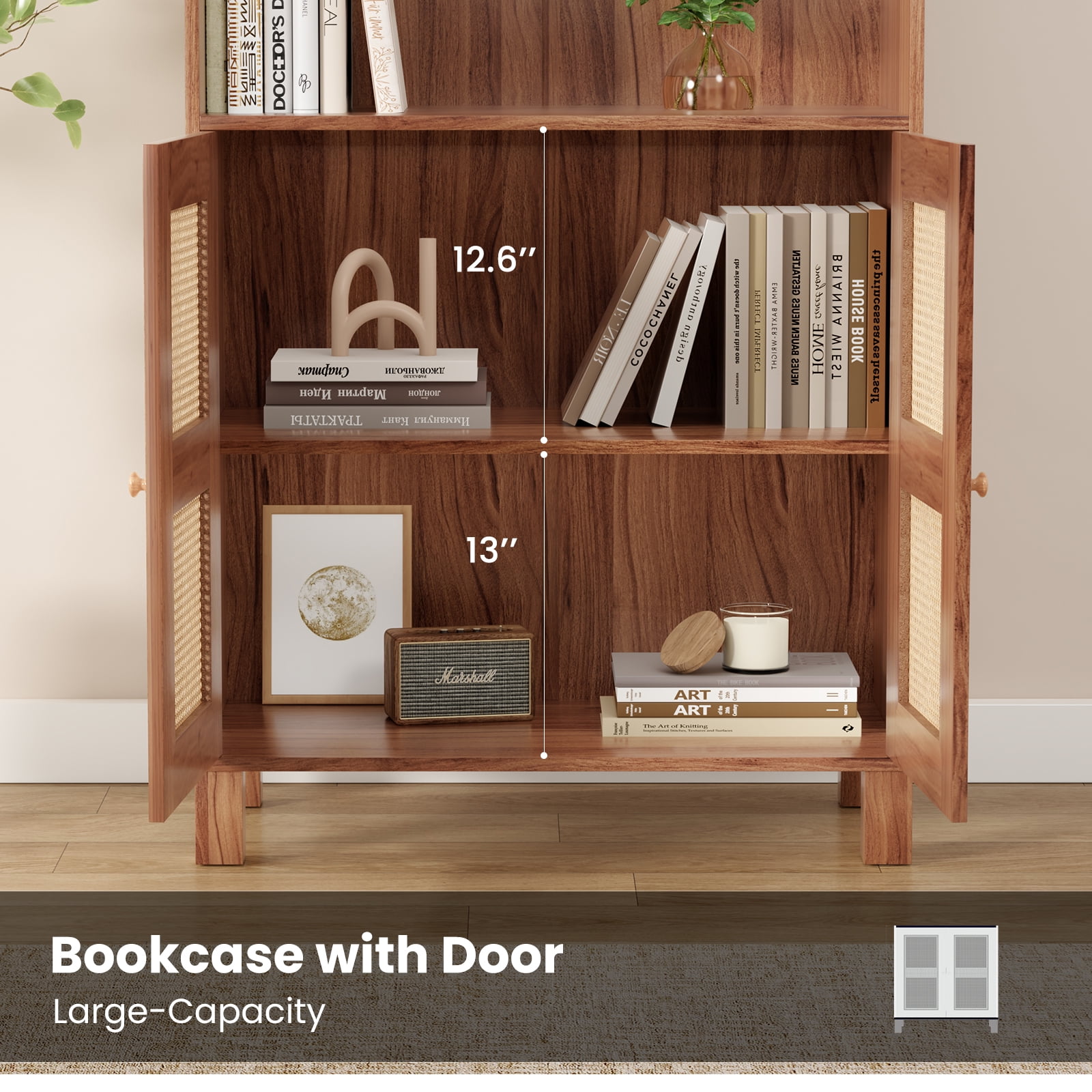 Aukfa Tall Storage Cabinet with Rattan Doors, 5-Tier Wooden Bookcase, Farmhouse Multi-Purpose Cabinet for Living Room,Walnut