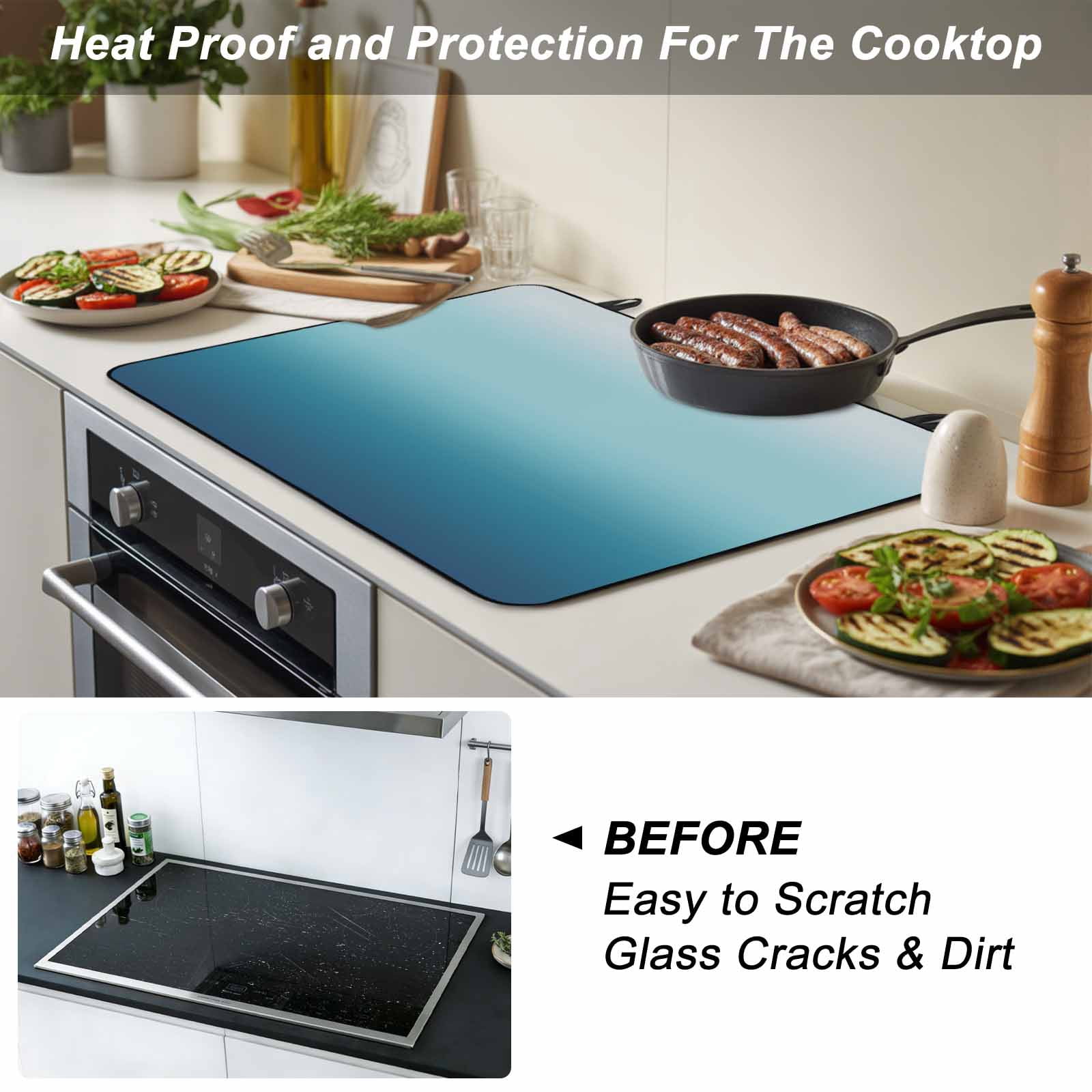 Navy Blue Ombre Stove Top Cover for Electric Stove, Heat-proof & Non Slip Glass Top Stove Cover Protector, Teal White Gradient Modern Abstract Art Kitchen Flat Cooktop Rubber Mat 36x21 Inches