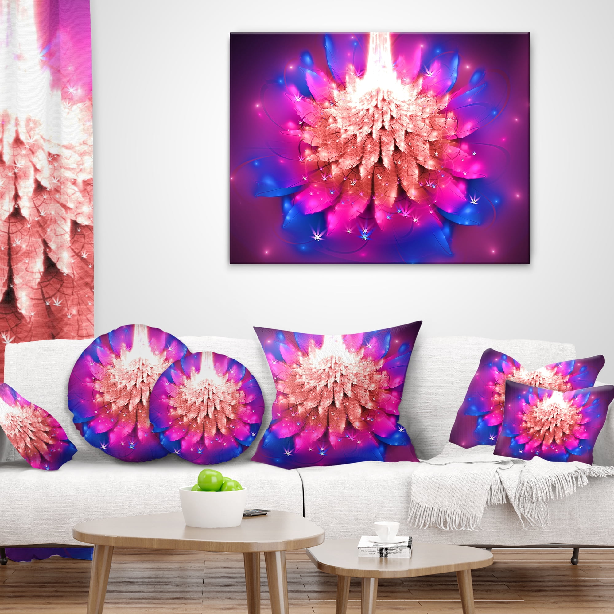 Designart Bright Pink Fractal Flower on Blue - Floral Throw Pillow - 12x20