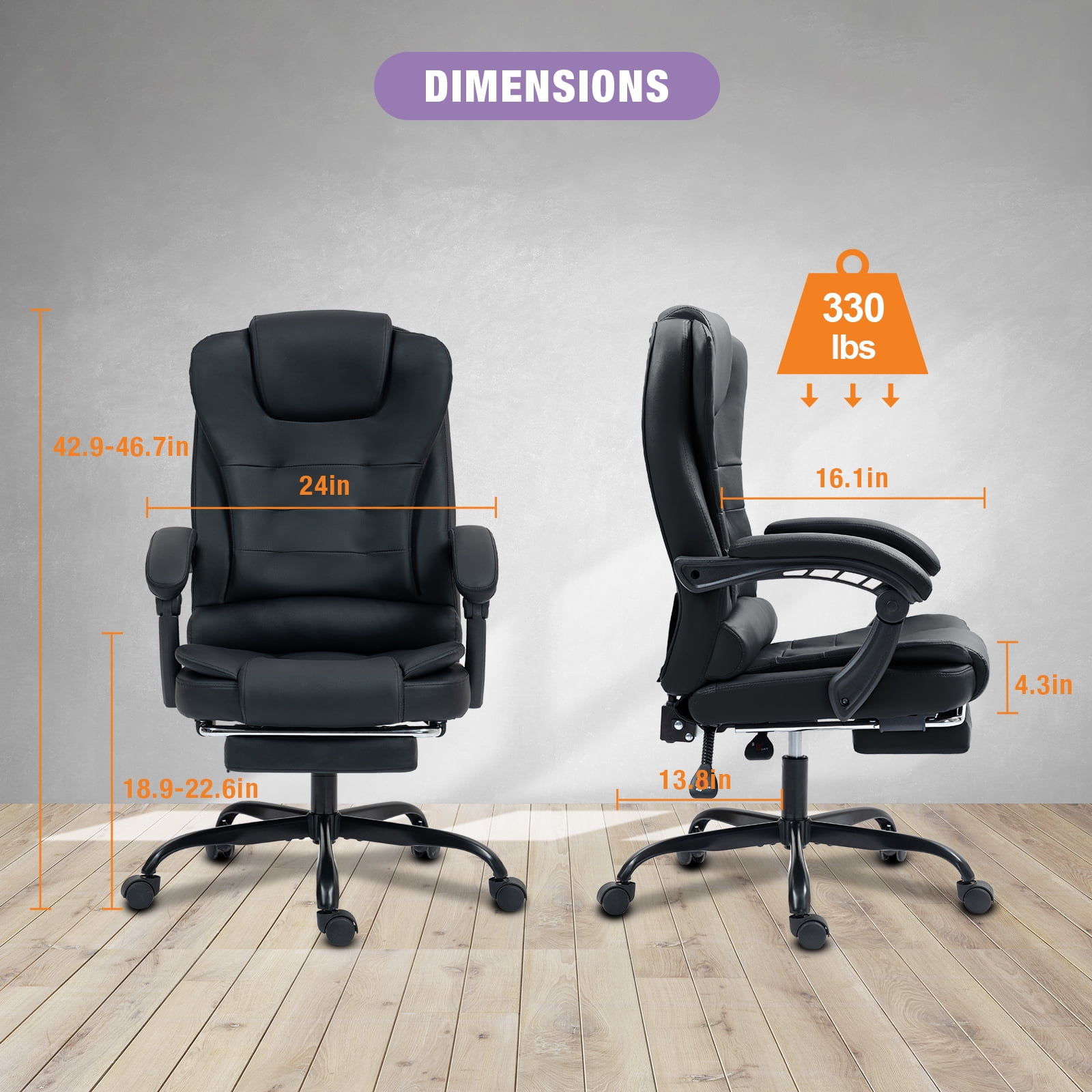 Big and Tall Executive Office Chair with Footrest, Ergonomic Reclining Swivel Computer Chair, High Back Home Office Chair with Lumbar Support, Height Adjustable, Padded Armrests, Rolling, Black