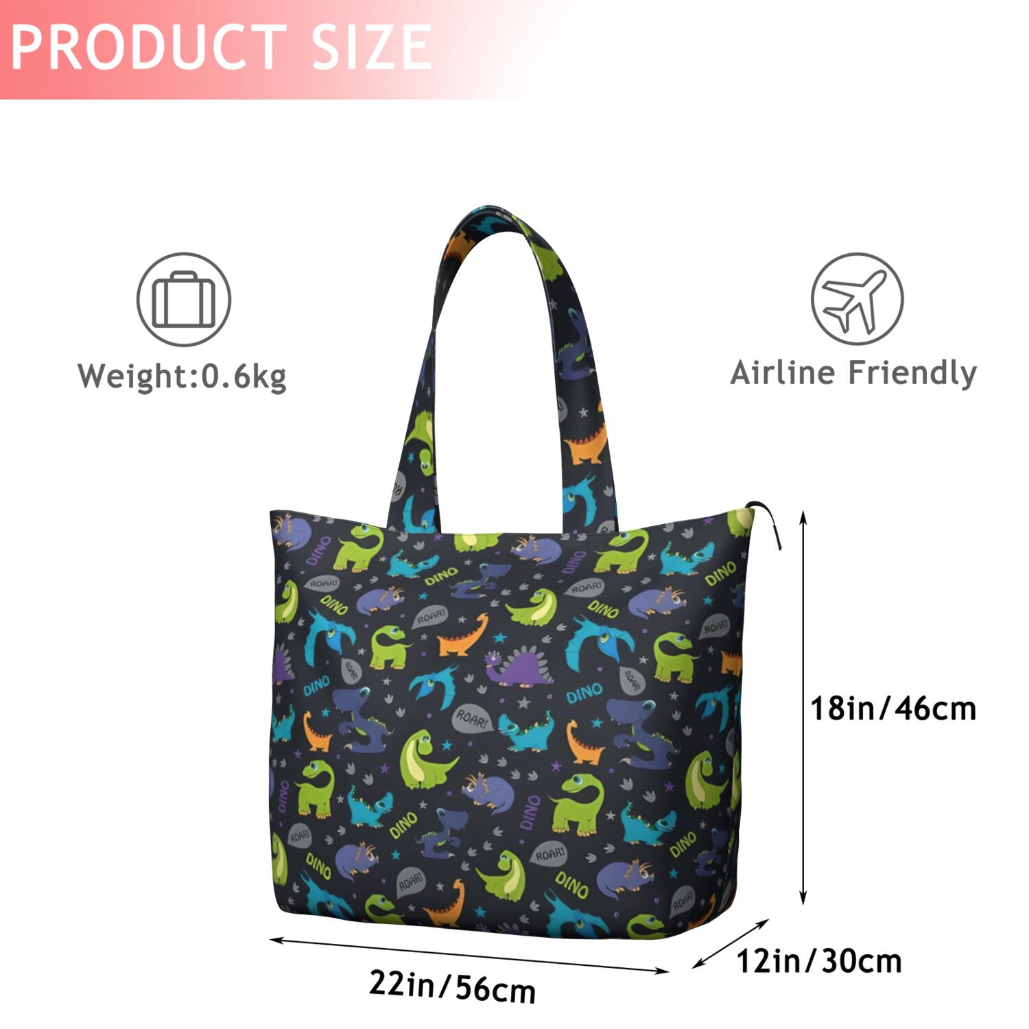 DarkGray Cartoon Dinosaurs Pattern Travel Tote Bags for Women Carry On,Large Weekender Bags for Women Travel,Multi Functional Duffle Bag for Work,Shopping,Sports