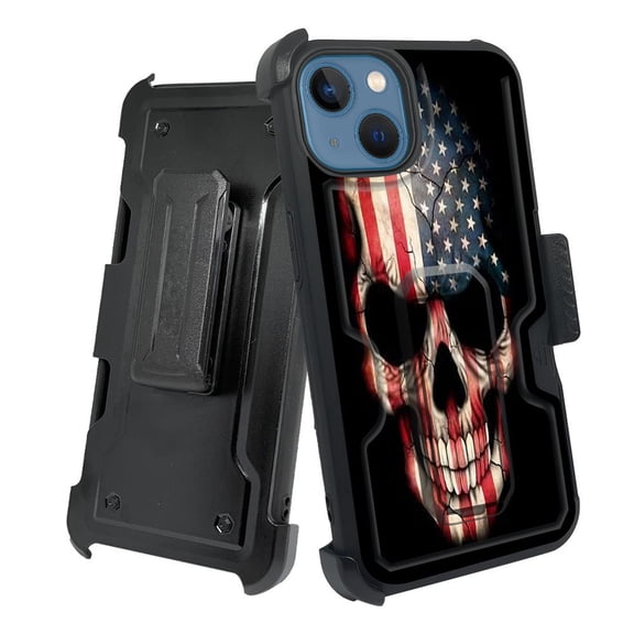 ANJ  Rugged Shockproof Holster Case w/Card Slot, Kickstand   Tempered Glass for iPhone 13 (6.1") - American Skullcap