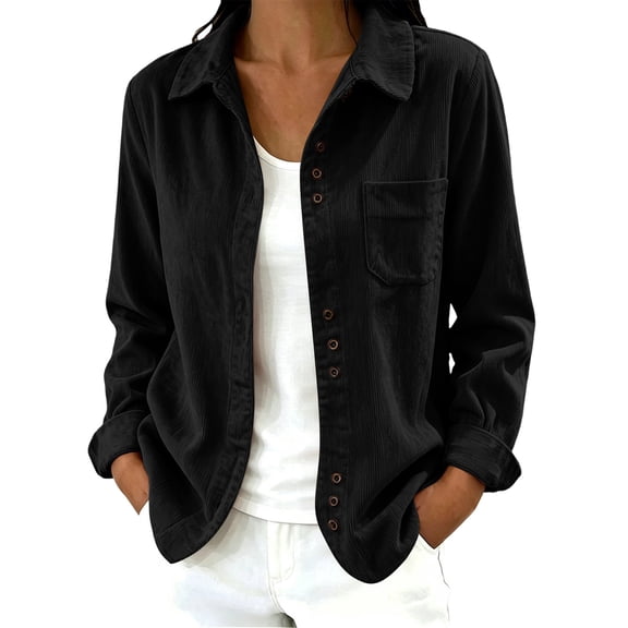 RRJ Women Fall Winter Corduroy Collared Long Sleeve Button Down Shirts Casual Open Front Basic Tops, Black XL