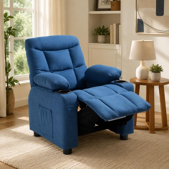 Kids Recliner Chair, blue, with cup holders, side pockets, adjustable backrest, and footrest