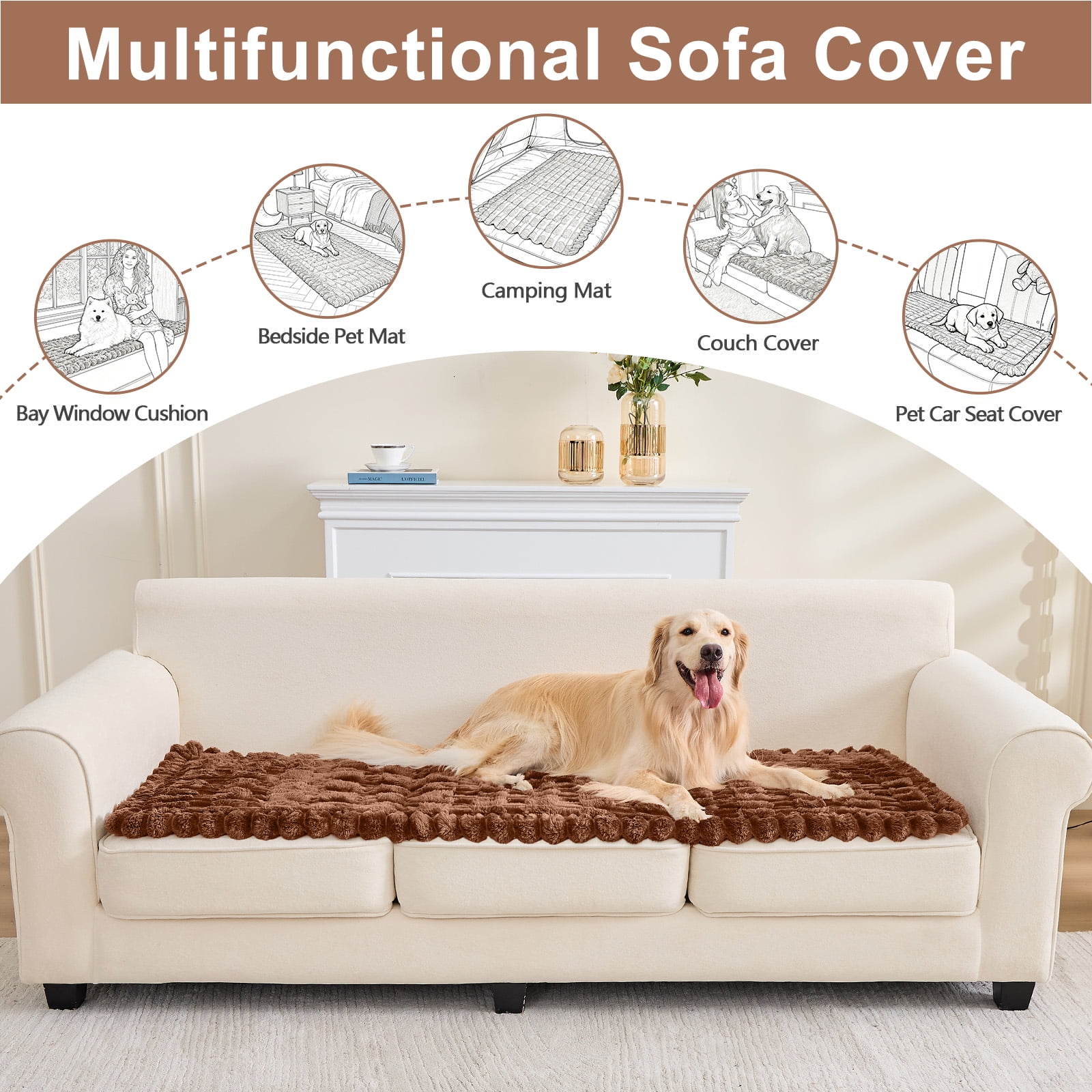 SANMADROLA Waterproof Couch Cover for Dogs Washable, Non-Slip Fuzzy Loveseat Slipcovers, Thick Soft Dog Bed Mat for 2 Cushion Sofa Pet Friendly Furniture Protector, Brown, 28" x 59"