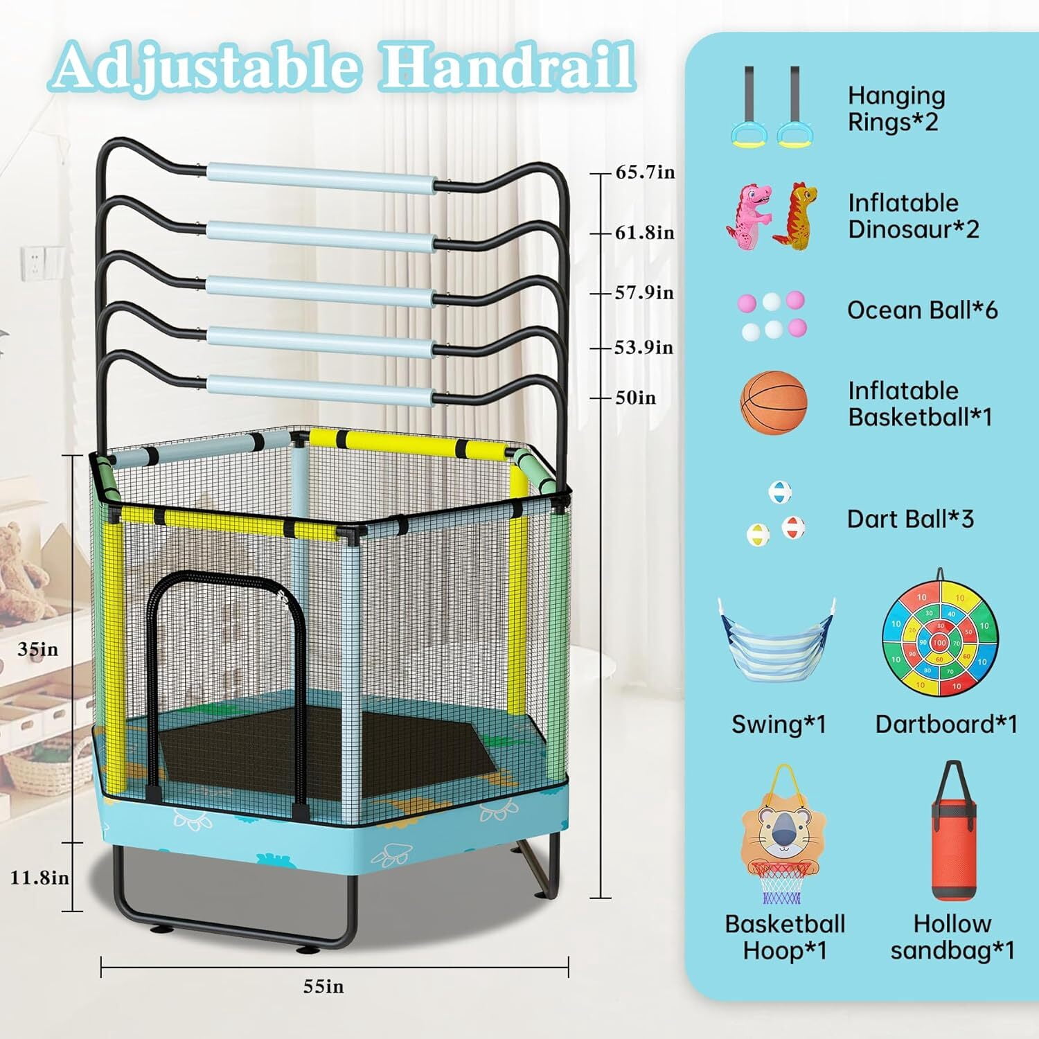 MOOSENG 7-in-1 Kids Trampoline with Safety Enclosure Net, 60" Hexagonal Toddler Trampoline with 500lbs Capacity, Indoor Outdoor Fun for Ages 1-8, Adjustable Handrail