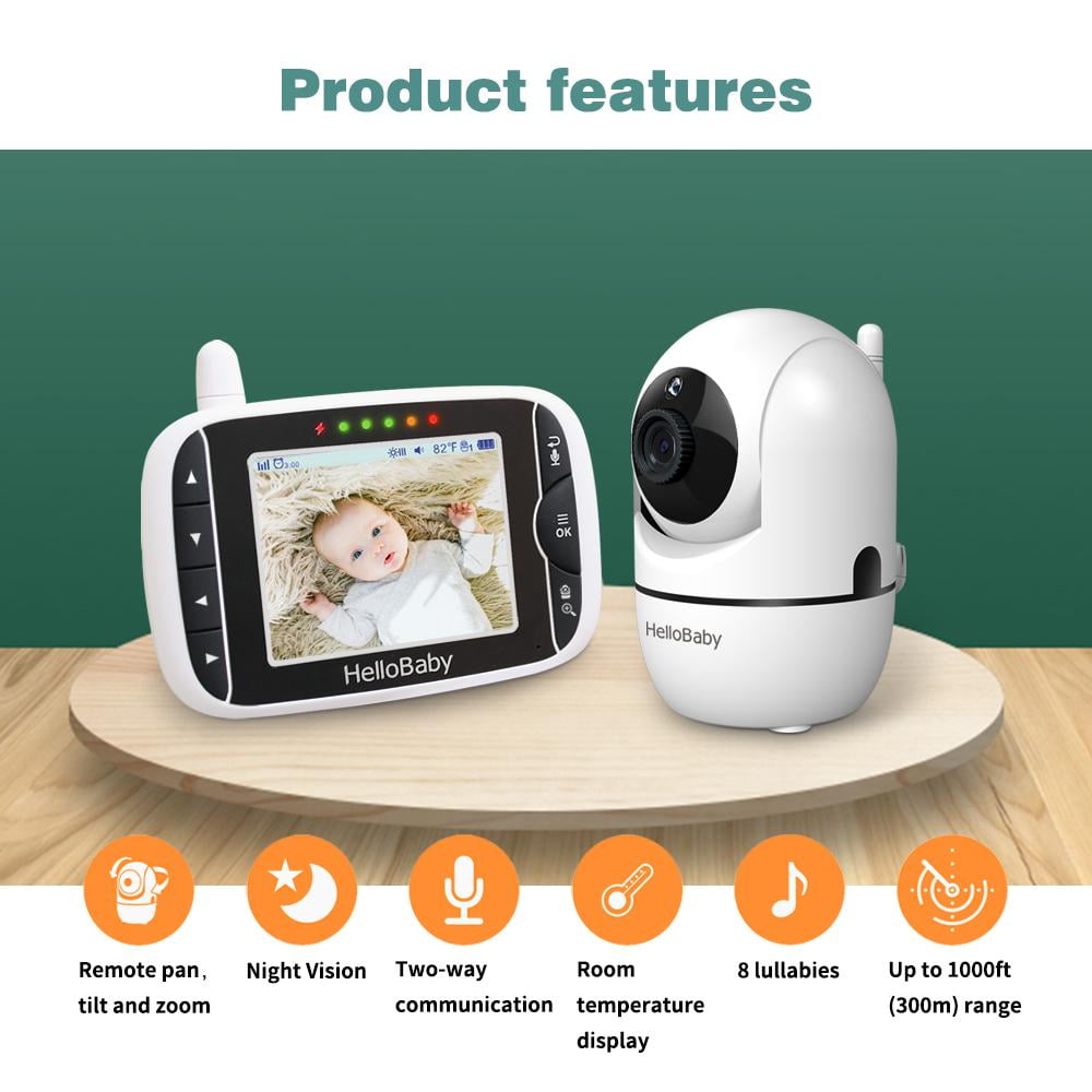 with Wall Mount Kit Lullaby 3.2 Color LCD Screen Two Way Audio Infrared Night Vision HelloBaby Video Baby Monitor with Remote Camera Pan-Tilt-Zoom Temperature Display 