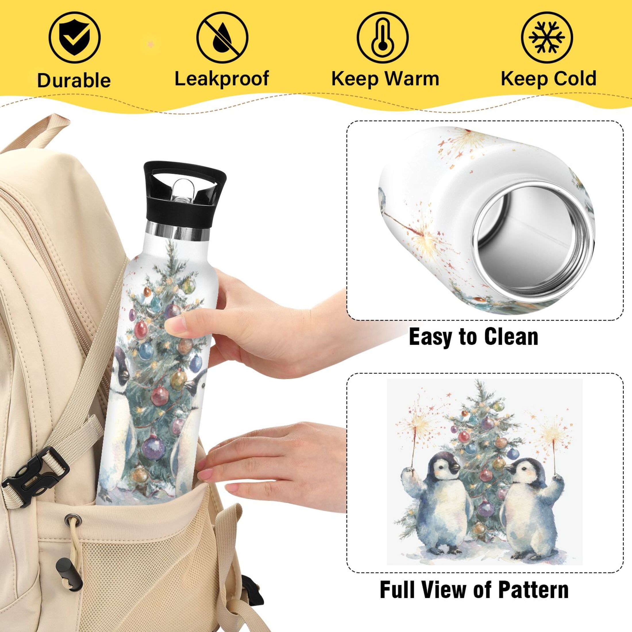 600ML Stainless Steel Insulated Cup Sports Water Bottle Portable Thermos Cup Water Glasses Insulated Tumblers Convenient and Durable Cartoon Christmas Penguins