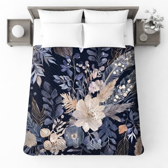 Navy Botanical Floral Queen Size Quilted Bedspread