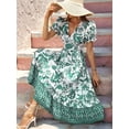 thumbnail image 2 of Women'S 2025 Summer Puff Sleeves Boho Floral Print Casual Flowy Long Maxi Dress Green M, 2 of 5