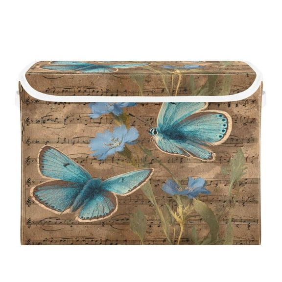 Large Collapsible Storage Box Flip Lid Fabric Decorative Organizer Container Basket with Handles 16.5×12.6×11.8in Butterfly and Vintage Sheet Music