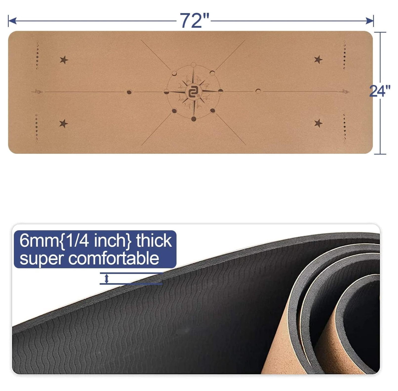 Cork Yoga Mat 6mm Thick - Non Slip Yoga Mat with Alignment Lines, Eco Friendly TPE Foam, Pilates Mat for Hot Yoga, Gym & Exercise - Includes Carrying Bag & Resistance Band