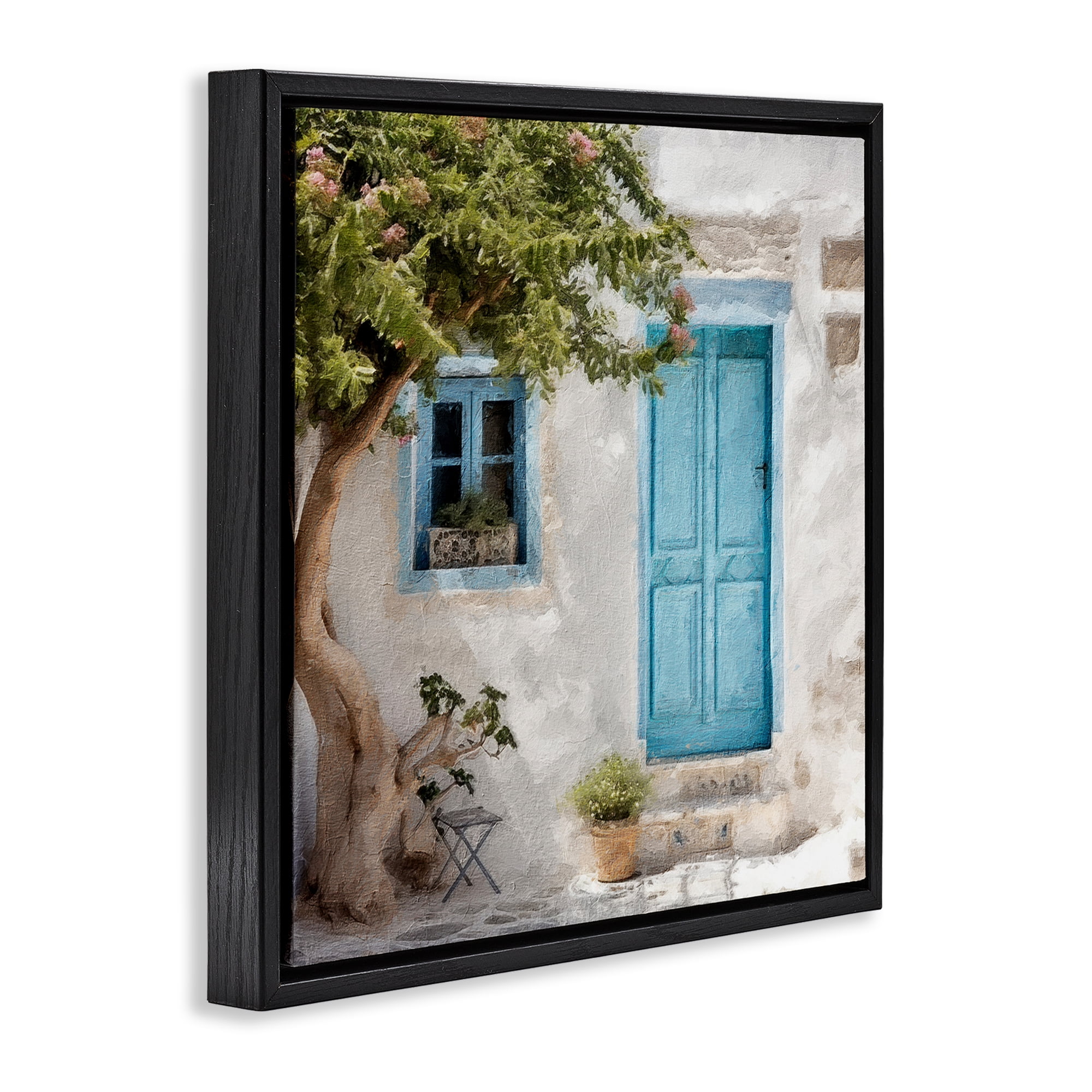Stupell Industries Blue Door & Tree Town & City Painting Black Floater Framed Canvas Art Print Wall Art, 25 x 25
