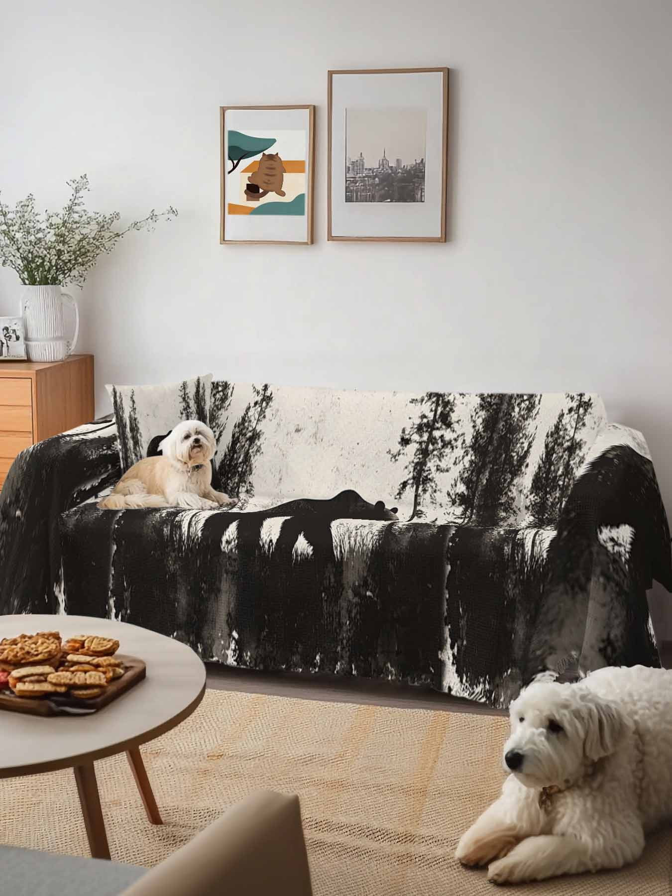 Black Bear Couch Cover, Vintage Forest Cabin Animals Silhouette Oversized Sofa Cover Blanket for 3 Cushion Couch, Sectional Sofa Slipcover Furniture Protector for Living Room Bedroom 71''x150''