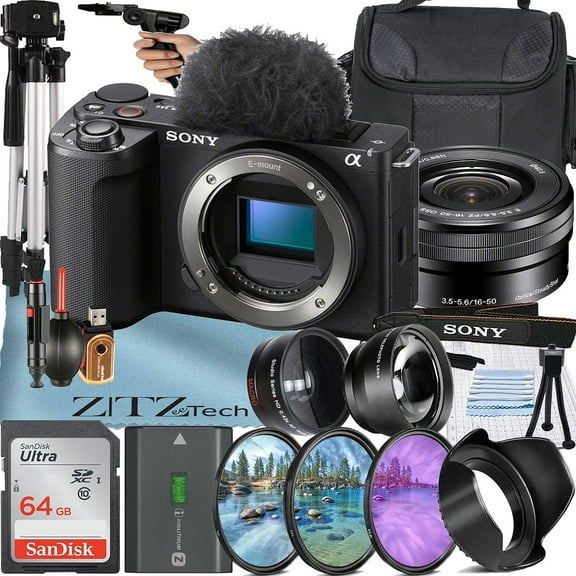 Sony ZV-E10 II Mirrorless Camera (Black) with 16-50mm Lens   SanDisk 64GB Card   Case   Wideangle   Telephoto   ZeeTech Accessory Bundle (International Version)