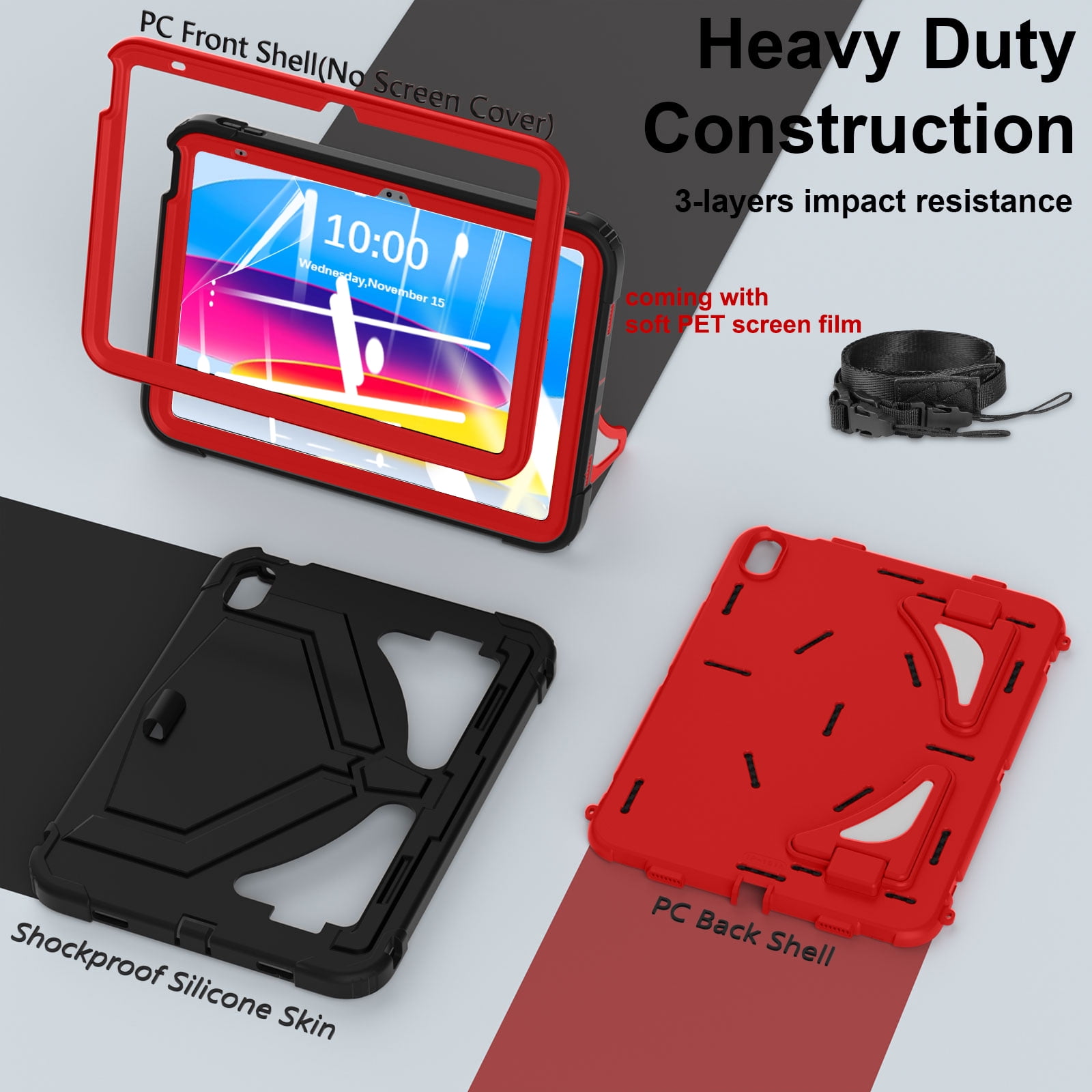 Dteck Case for 2025 Apple 11-inch iPad A16/ 10.9-inch iPad 10th Generation 2025 Cover with Pencil Holder Screen Protector Shoulder Strap Kicsktand Thickned Cornor for Kids Boys,Black Red