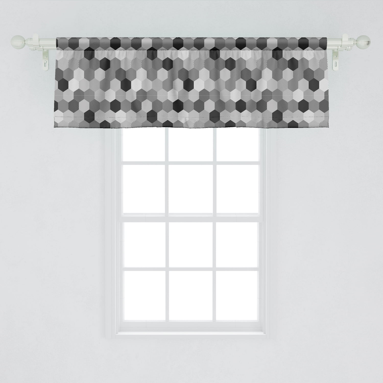 Ambesonne Charcoal Window Valance, Greyscale Geometric Pattern with
