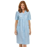Collections Etc Collections Women's Etc. Gingham Women's Robe with Floral Accents, Snap-Front Closure and Lace Trim, Blue, Large