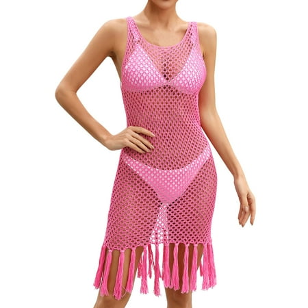 Womens Summer Fashion Knitwear Hollowed Out Fashionable Beach Bikini Swimsuit Mini Tank Dress Beach Dress Overclothes Long Cover up