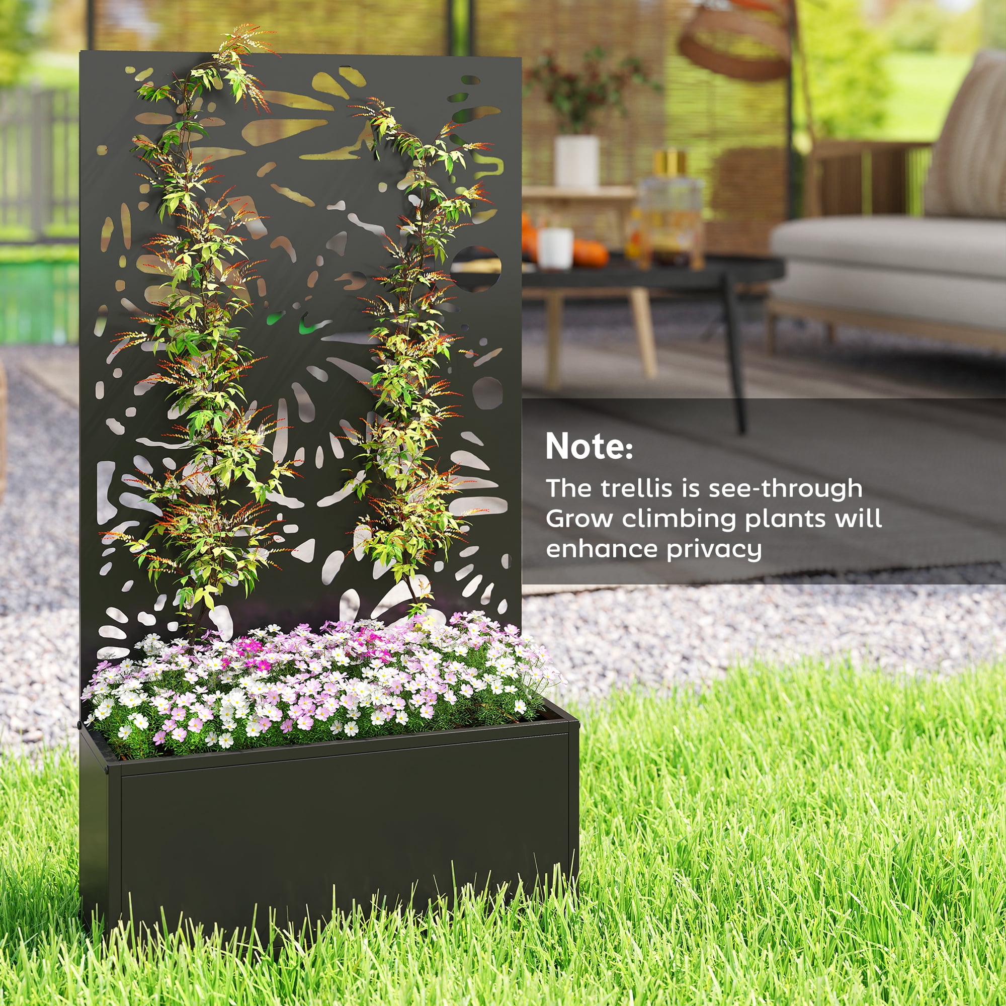 Outsunny Metal Raised Garden Bed with Trellis, Freestanding or Wall Mounted Raised Flower Bed with Privacy Panel for Garden, Patio, Balcony