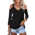 thumbnail image 2 of Annhoo Womens Cold Shoulder Tops Casual 3/4 Sleeve V Neck Basic T Shirts Elegant Business Work Blouses, 2 of 7