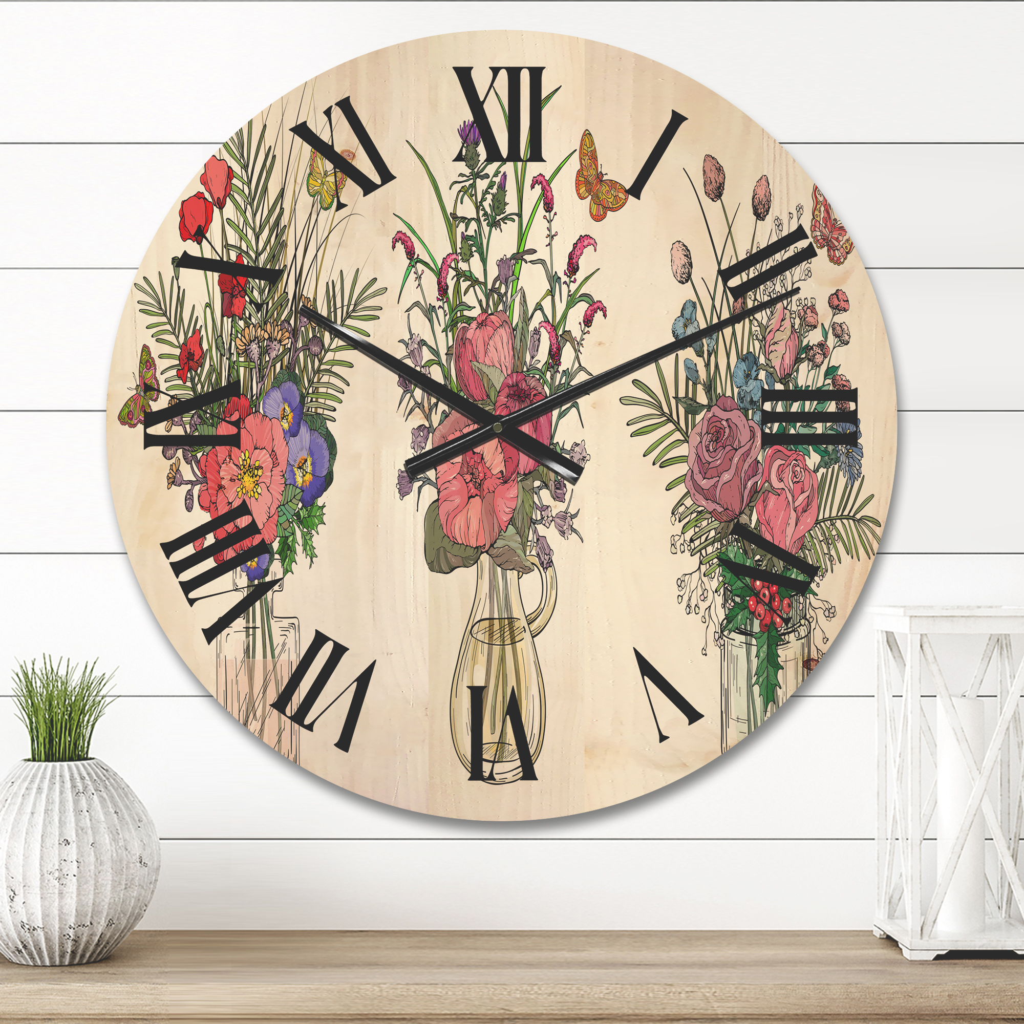 Designart 'Transparent Vases With Bouquets of Wildflowers II' Farmhouse Wood Wall Clock