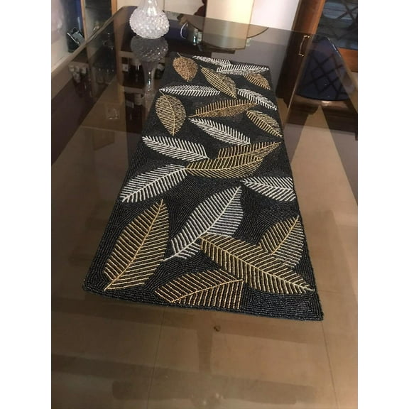 Handmade Beaded Table Runner, Fall Table Runner, Leaves Table Topper 13X36 Inches