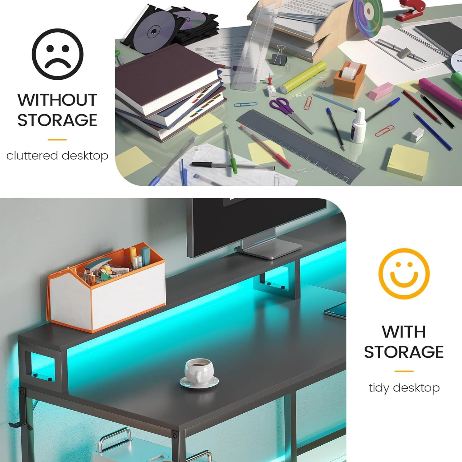 Reversible Computer Desk with Darwers & Monitor Stand, L-Shaped Office Desk with LED Lights & Power Strips, Black