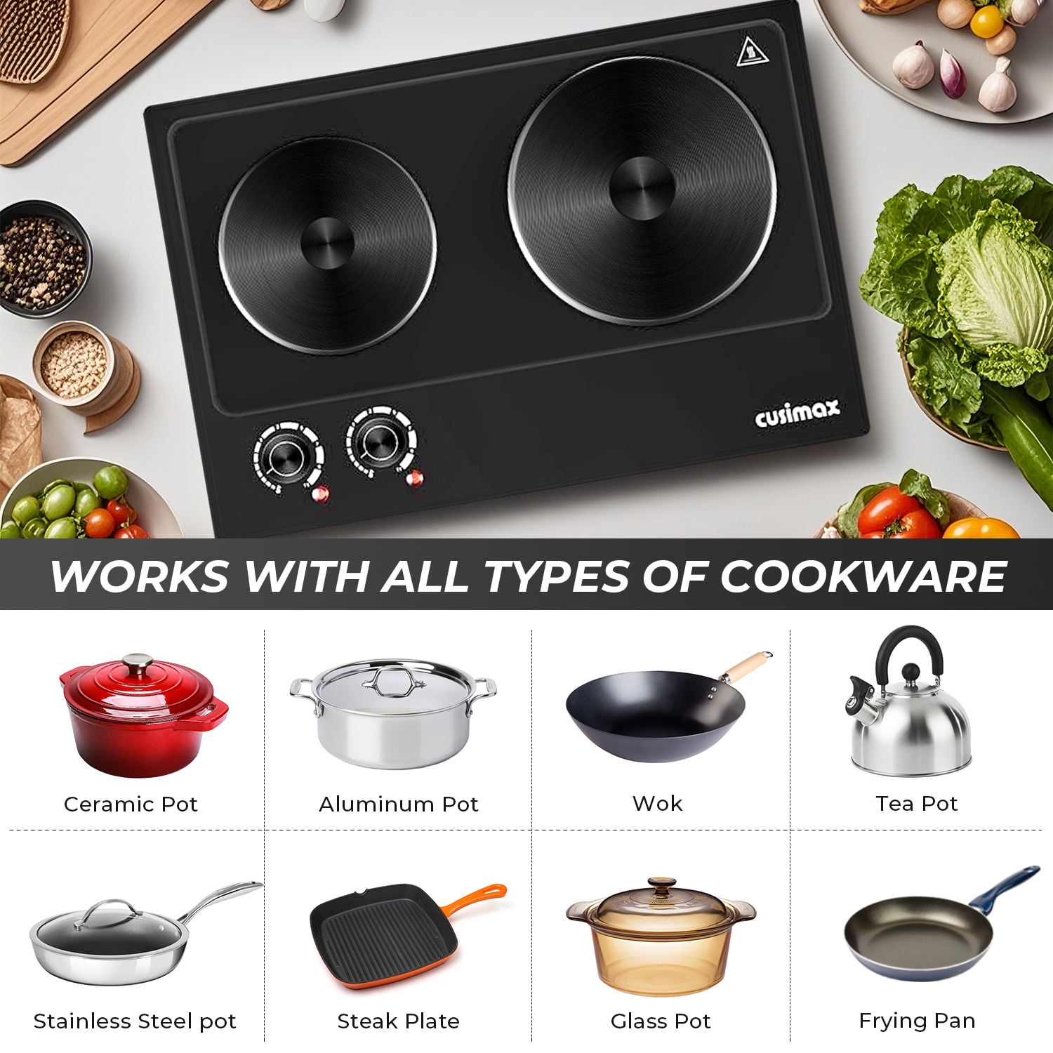 CUSIMAX 1800W Portable Double Burner Hot Plate – Stainless Steel Countertop Electric Cooktop with Dual Cast Iron Heating Plates, Easy-to-Clean Design, Upgraded Version