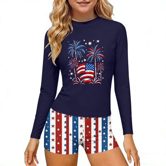 Kids 4th of July 2-Piece Long Sleeve Set, UPF 50 Rash Guard & Shorts, Patriotic Flag Print Unisex Multicolor 110-160,Size 7-8T