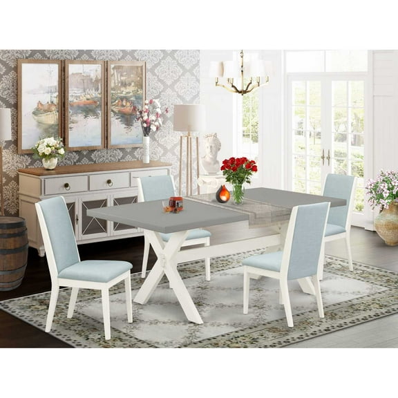 East West Furniture X097LA015-5 5-Piece Gorgeous kitchen table set a Good Cement Color Modern Dining Table Top and 4 Awesome Linen Fabric Parson Chairs with Stylish Chair Back, Linen White Finish