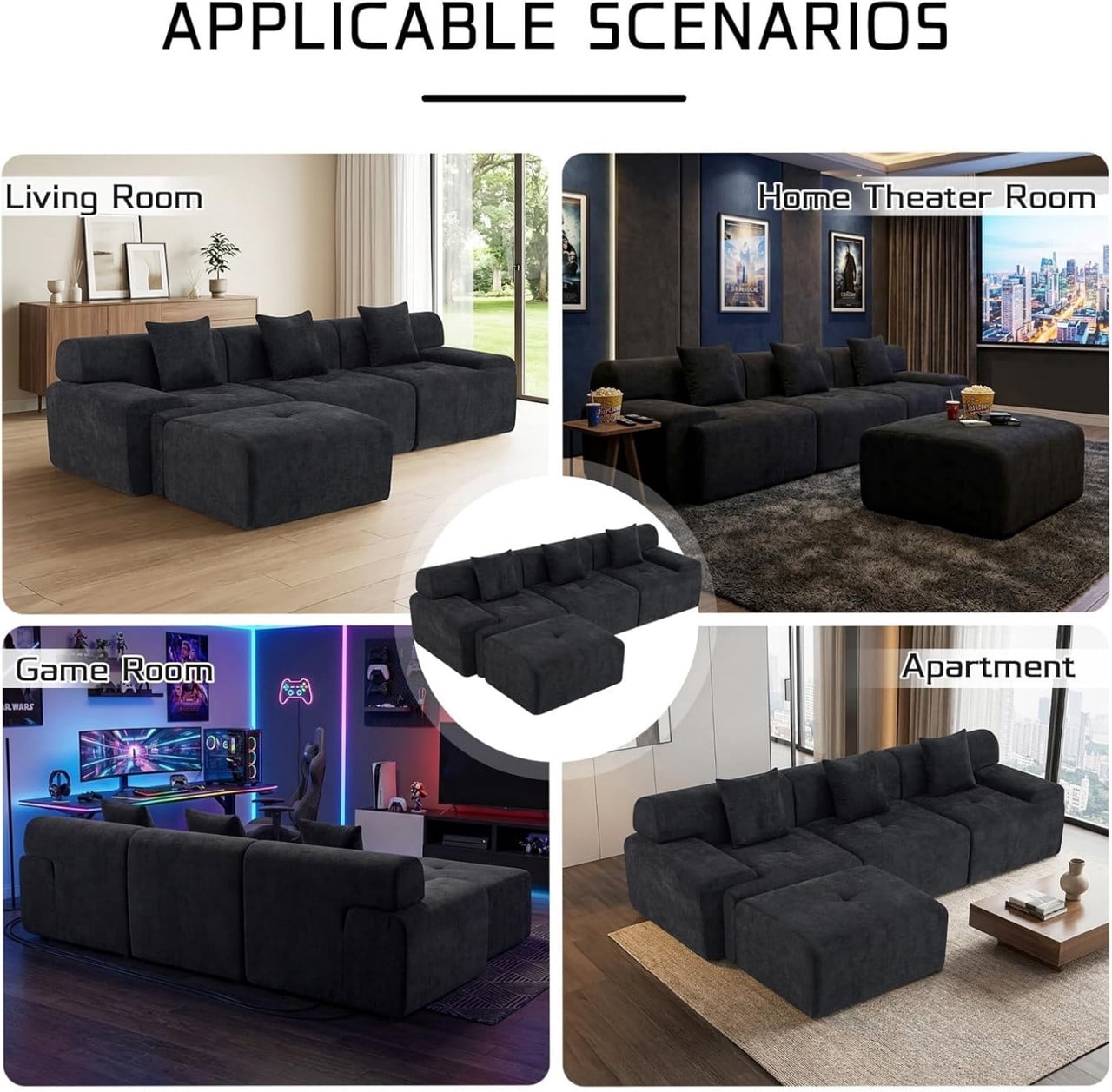 L-Shaped Modular Sectional Sofa with Ottoman, Comfy Boneless Sofa Cloud Couch with Deep Seat, Chenille Sofa Couch for Bedroom Living Room