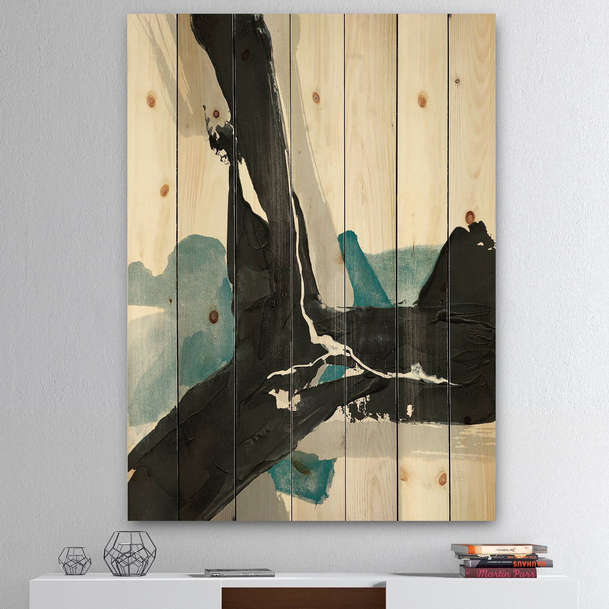 Designart 'Geometric Black and Teal III' Modern & Contemporary Print on Natural Pine Wood