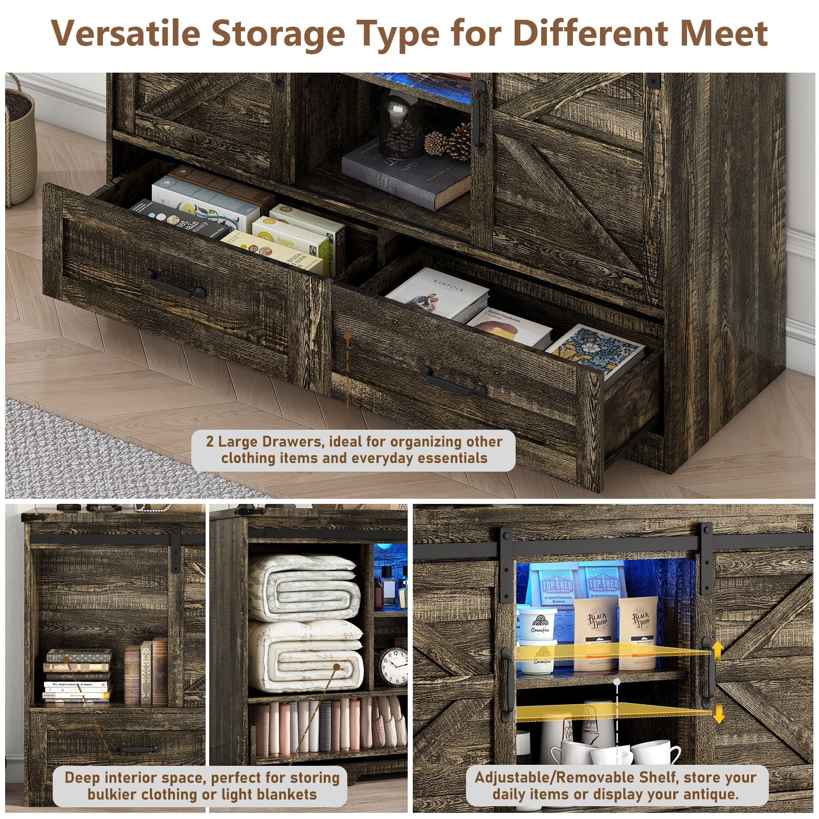 ChVans 47'' Farmhouse Dresser with LED Light & Power Outlet,  2 Drawers, 2 Sliding Doors, 2 Storage layers, Rustic Dresser TV Stand for 60in TV, Wood Storage Cabinet for Bedroom, Living Room, Hallway