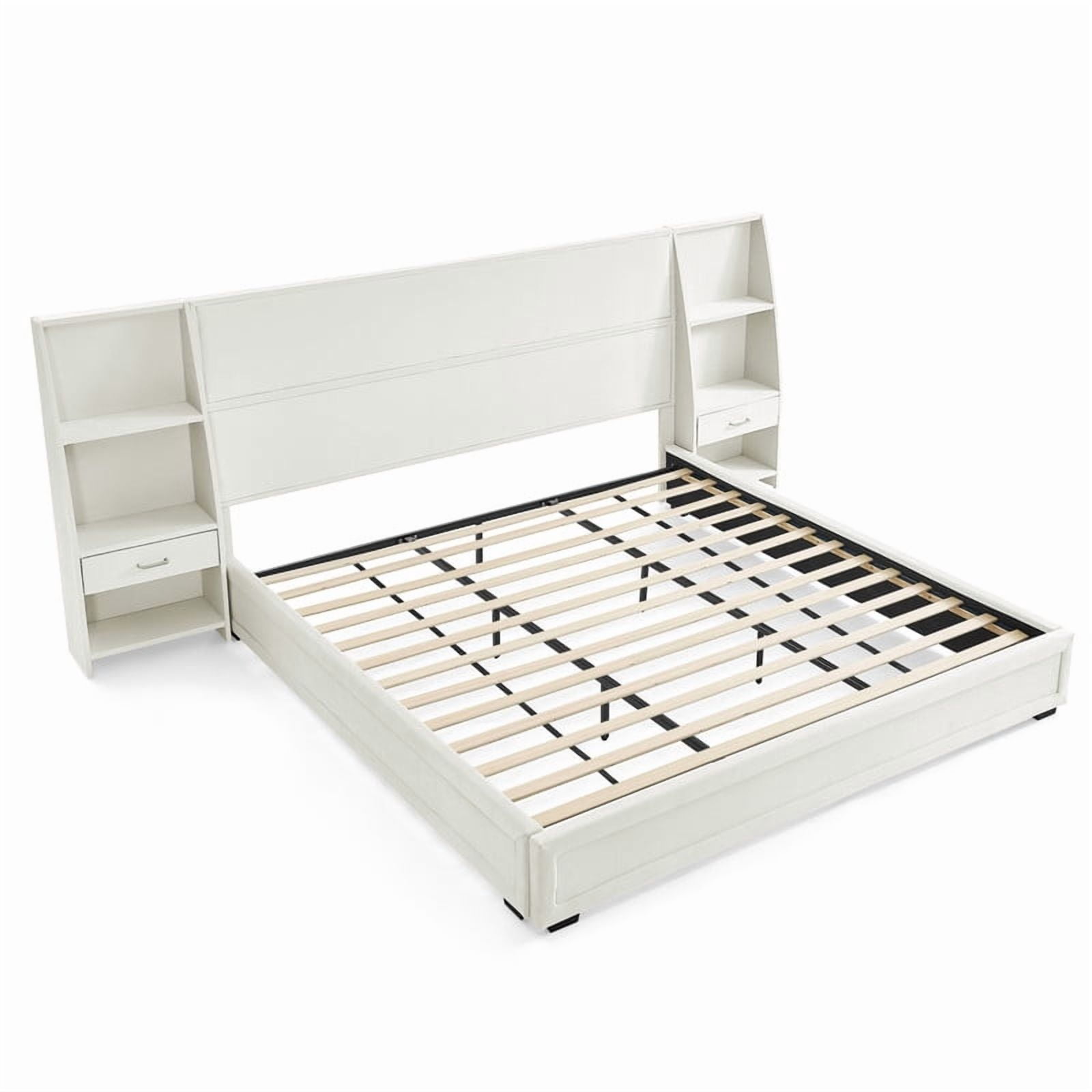Queen/King Size Modern Upholstered Platform Bed Frame, Velvet Storage Bed with Headboard, Side Bookcases & Drawers Nightstand