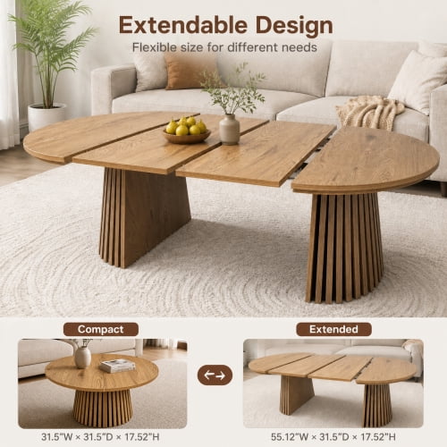 Modern Oval Extendable Wood Coffee Table, Slatted Legs, Multi-Functional Center Table for Living Room or Office, 31.5"–55.12" L, Nature