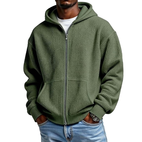 RYDCOT Men's Waffle Full Zip up Hoodie Lightweight Hooded Sweatshirt Jackets with Kanga Pocket Army Green