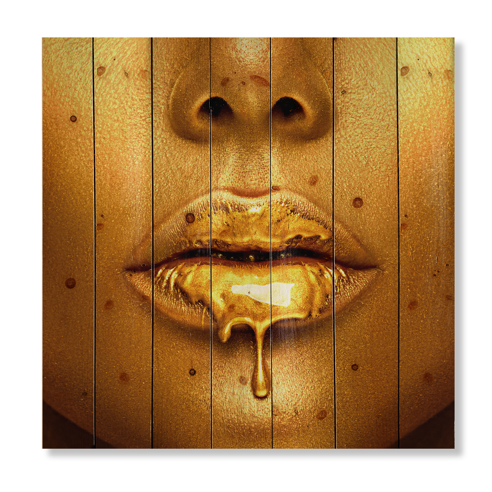 Designart 'Gold Paint Drips From Sexy Girl Lips' Modern Print on Natural Pine Wood