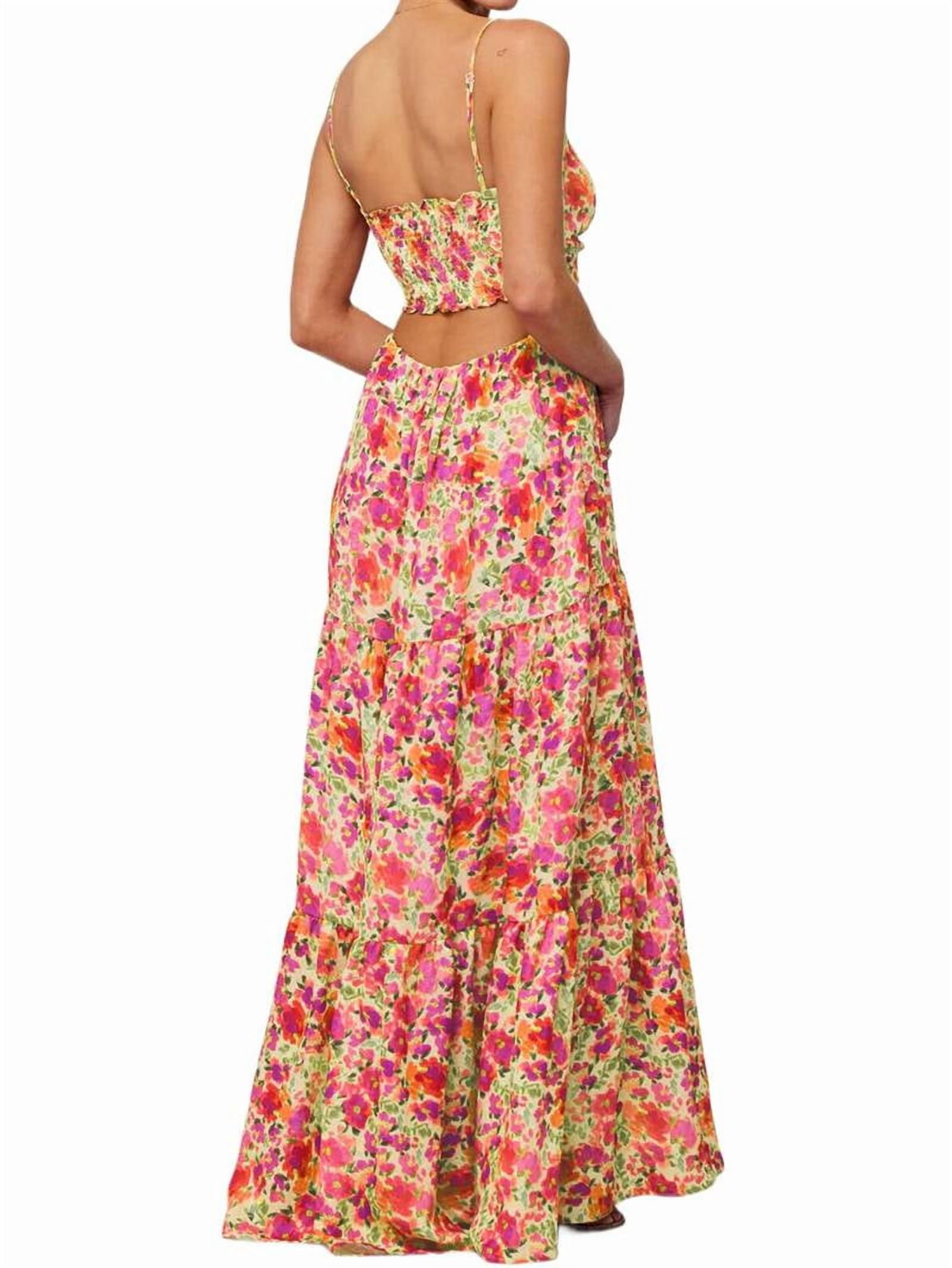 Summer Floral Women Spaghetti Straps Hollow Out Tie Front Maxi Dress Flowy Smocked - Dress Pink Orange M