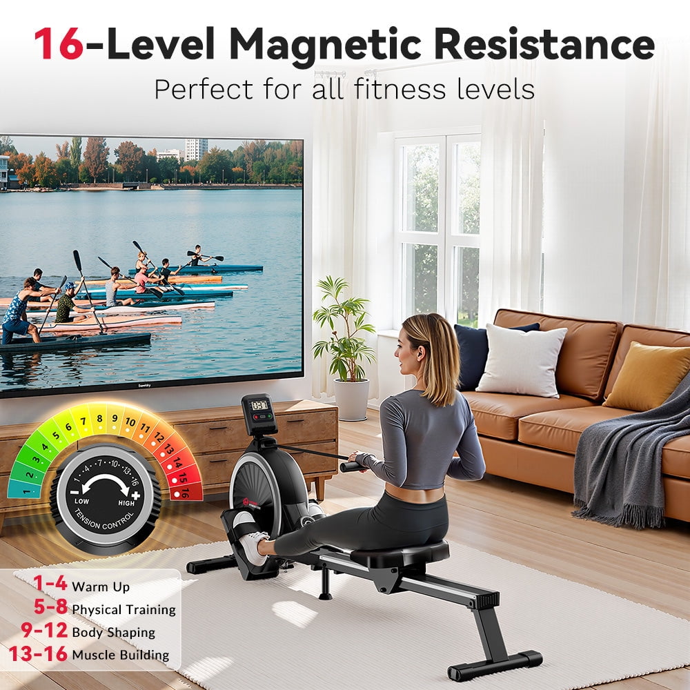 Magnetic Rowing Machine for Home Workout, 16 Level Adjustable Resistance with LCD Monitor 330 lbs Weight Capacity
