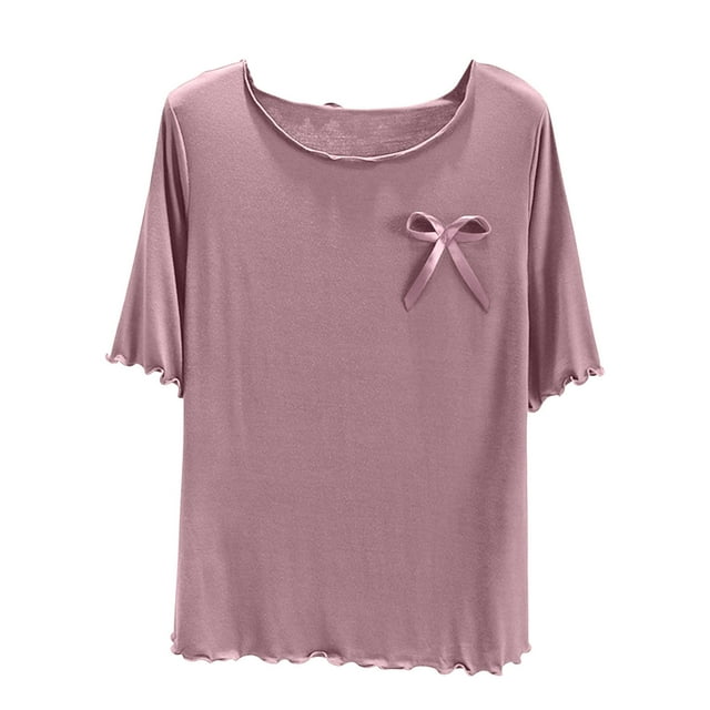 JIUKE Hauts de Pyjama pour Femmes Manches Courtes Col Rond T-Shirts Vêtements de Maison Couleur Unie Confortables Amples Pjs Tees