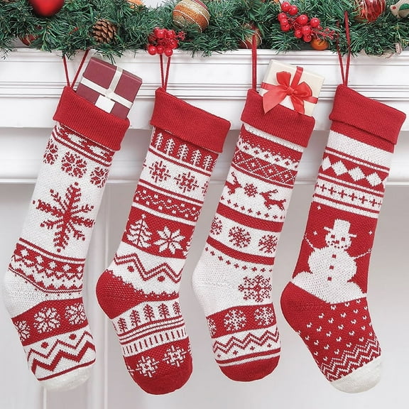 4 Pack Christmas Stockings 18 Inches Large Size Cable Knitted Stocking Gifts & Decorations for Family Holiday Xmas Party, Ivory White and Burgundy