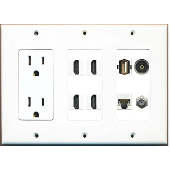 RiteAV (3 Gang 15A Power Outlet 4 HDMI Coax Cat5e Toslink USB A-A Wall Plate White