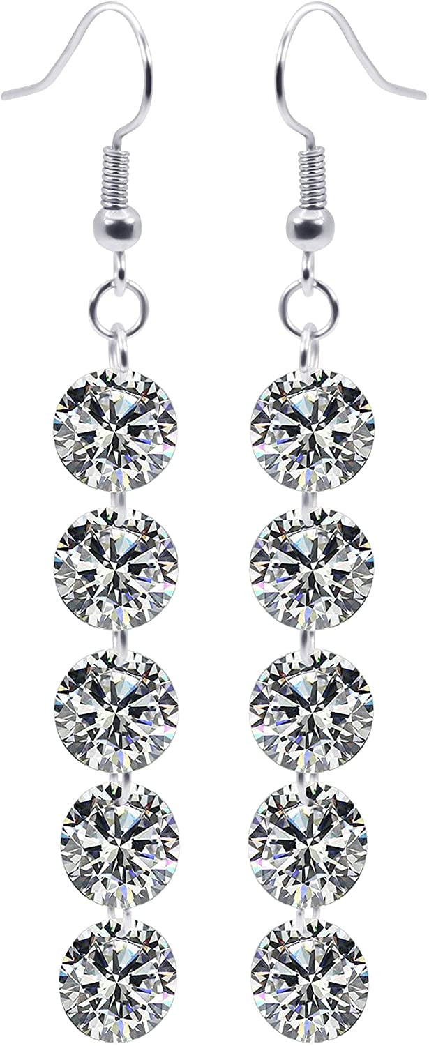 Savlano 14k White Gold Plated Cubic Zirconia Crystal Round Cut Dangle Earrings For Women & Girls