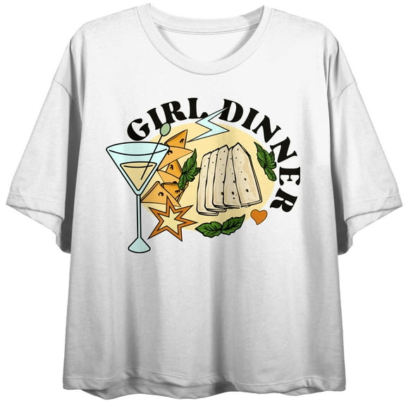 Girl Dinner Martini, Cheese, Crackers Women's White Graphic Crop Tee-Medium